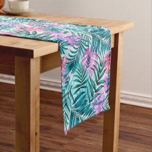 Caminho De Mesa Pequeno Folhas tropicais cor-de-rosa e lacrimejante e mons