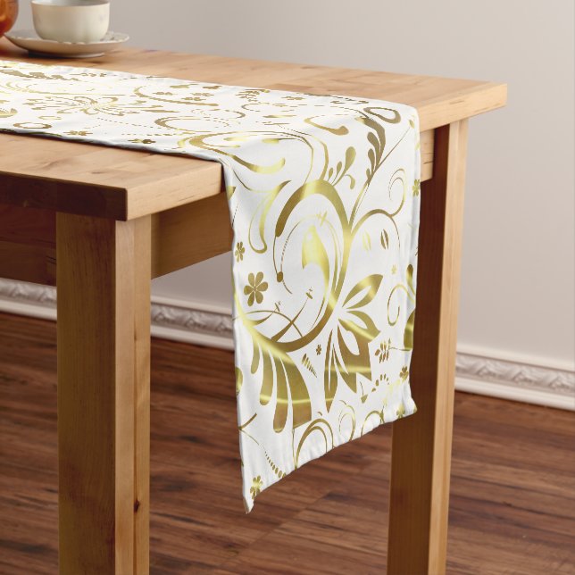 Caminho De Mesa Pequeno Fundo Branco Dourado Damask (No Local)