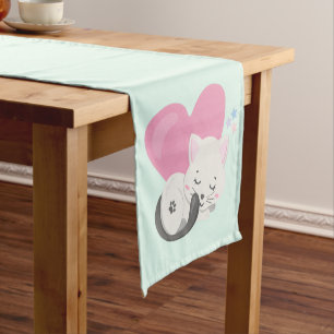 Caminho De Mesa Pequeno Gato doce e gata dormindo com coração rosa