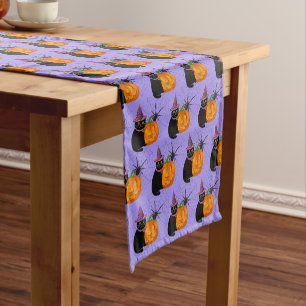Caminho De Mesa Pequeno Gato Preto de Halloween Abóbora Aranha em Roxo