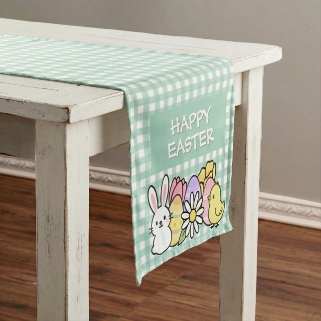 Caminho De Mesa Pequeno Happy Easter Bunny Chick Eggs Green Gingham (Criador carregado)
