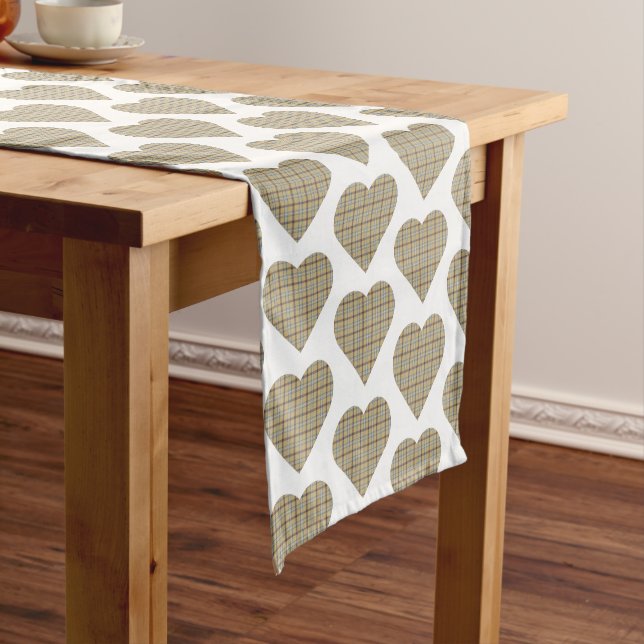 Caminho De Mesa Pequeno Heart Shaped Plaid Tan Blue White Table Runner (No Local)