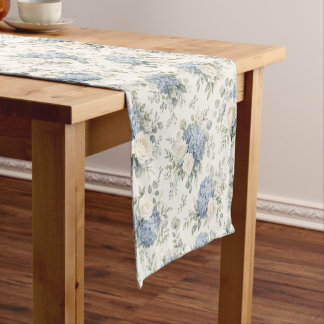 Caminho De Mesa Pequeno Hortênsia Azul Empoeirada Rosa Branca Creme Floral