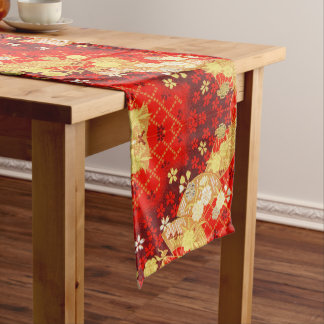 Caminho De Mesa Pequeno Jantar Floral de Algodão Branco Dourado Vermelho J