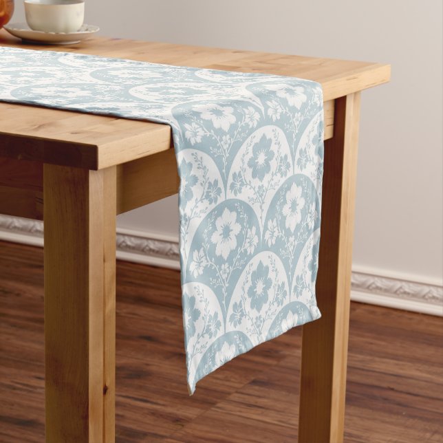 Caminho De Mesa Pequeno Japanese Floral Pattern in Soft Blue and White (No Local)