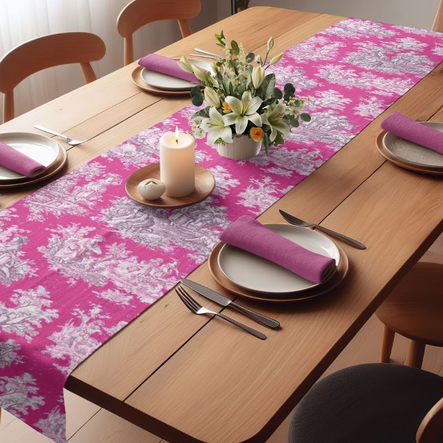 Caminho De Mesa Pequeno Laca magenta, rosa-rosa, elegante, toile de jouy (Criador carregado)