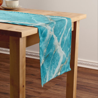 Caminho De Mesa Pequeno Mármore Brilhante Aqua Olhar Elegante Refinado