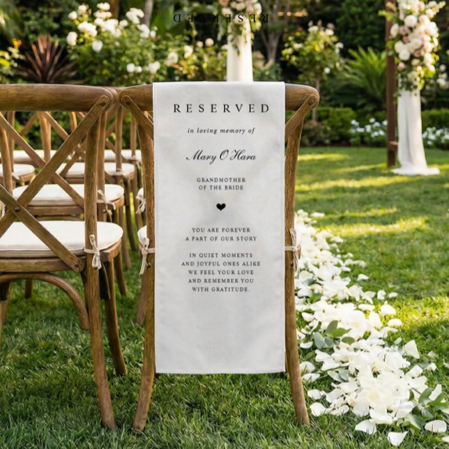 Caminho De Mesa Pequeno Memorial Wedding Chair Fabric Sign Reserved Banner (Memorial fabric chair banner draped over chair, double sided with custom name and message)