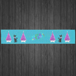 Caminho De Mesa Pequeno Merry Christmas Pink Trees Pretty Black Cat Stars