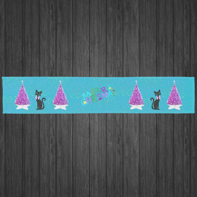 Caminho De Mesa Pequeno Merry Christmas Pink Trees Pretty Black Cat Stars  (Pink christmas trees pretty black cats colouful stars on aqua blue Merry Christmas table runner.)
