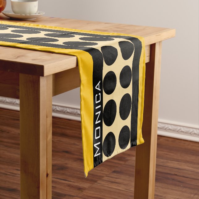 Caminho De Mesa Pequeno Modern yellow  beige &black dots monogram name (No Local)