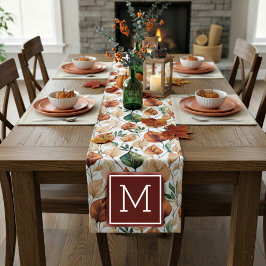 Caminho De Mesa Pequeno Monograma com padrão de folhas de terracota e sage