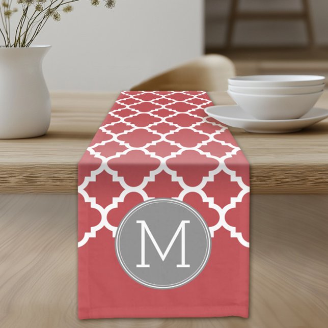 Caminho De Mesa Pequeno Monograma de Padrão Geométrico Vermelho e Cinza (Custom Table Runner)