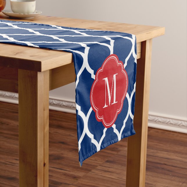 Caminho De Mesa Pequeno Monograma do Quatrefoil de Branco Vermelho e Azul  (No Local)