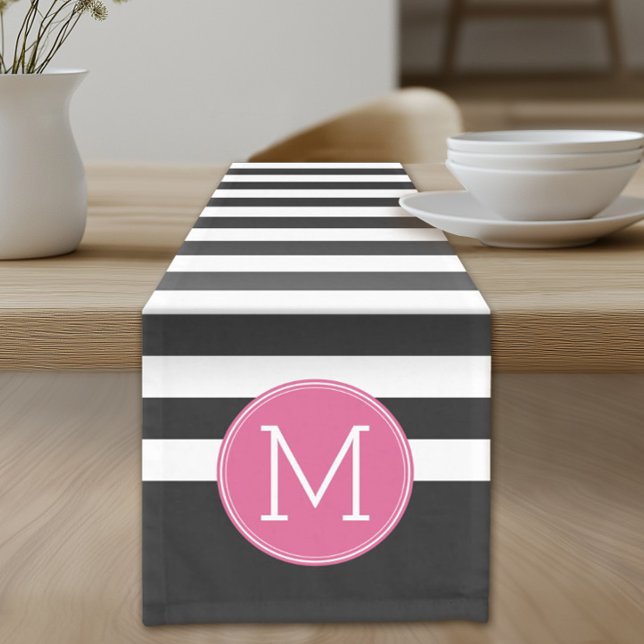 Caminho De Mesa Pequeno Monograma Rosa Quente, de Padrão Preto e Branco (Custom Table Runner)