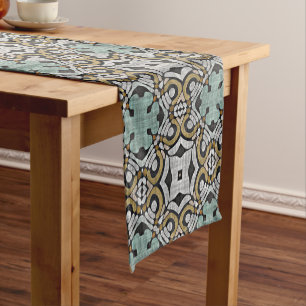 Caminho De Mesa Pequeno Mostarda Castanho-Teal Cinza Verde Arte Negra