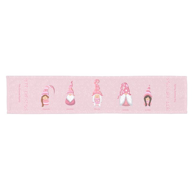 Caminho De Mesa Pequeno Natal Rosa Cinco Gnomos Família Personalizada (Horizontal)