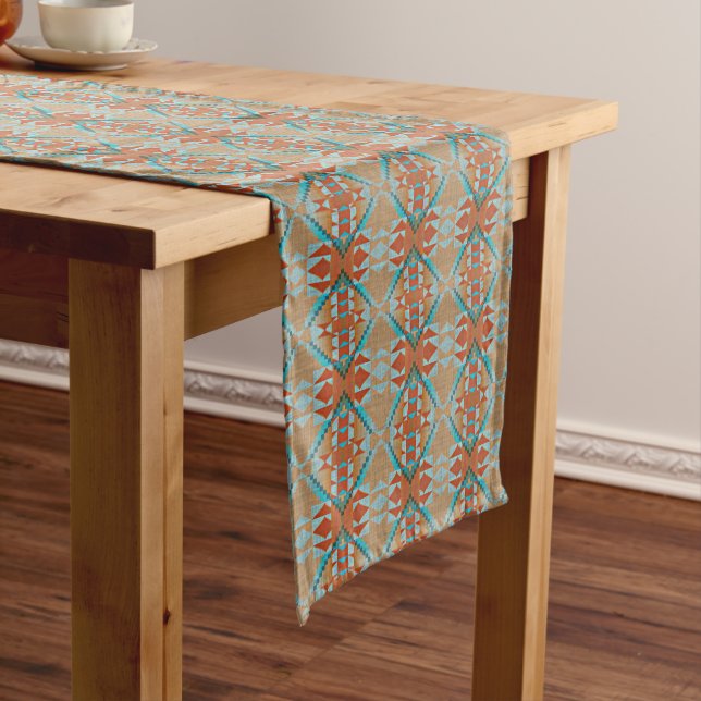 Caminho De Mesa Pequeno Orange Brown Aqua Turquoise Blue Arte Tribal (No Local)