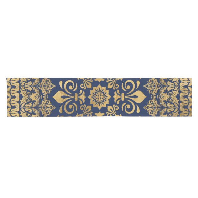 Caminho De Mesa Pequeno Ornamento do Damasco Oriental - Dourado no azul es (Horizontal)