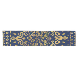 Caminho De Mesa Pequeno Ornamento do Damasco Oriental - Dourado no azul es