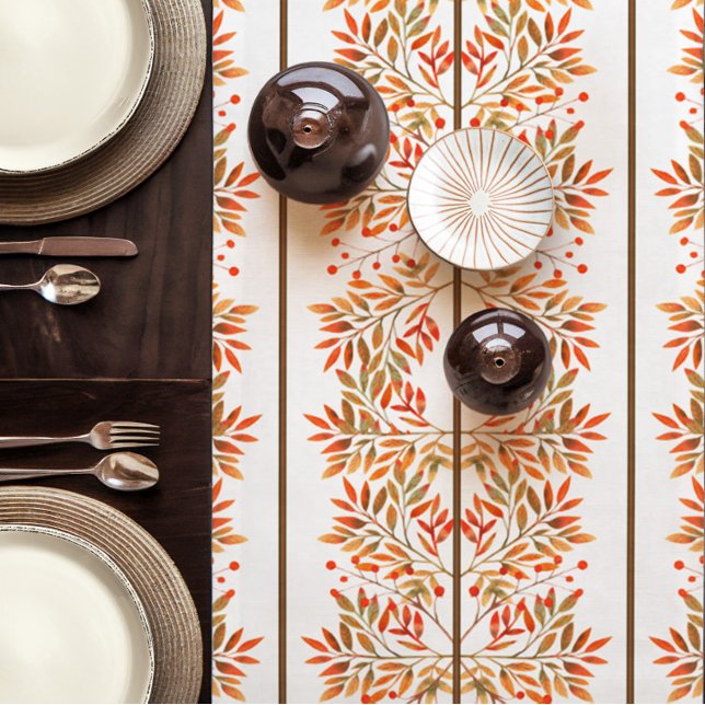 Caminho De Mesa Pequeno Outono Vermelho Berries e Folhas Mesa Botânica Cur (Modern Autumn Table Runner with Rowen Berries & Colorful Leaves in Shades of Sienna, Olive, and Gold)