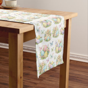 Caminho De Mesa Pequeno Ovos e Coelhinhos de Páscoa em Pastel Flores e Bor