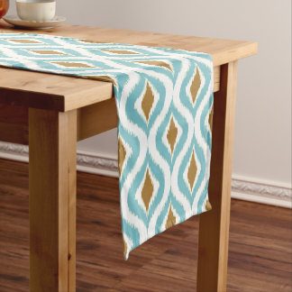 Caminho De Mesa Pequeno Padrão Artístico Ogee Ikat Azul Teal Aqua Marrom
