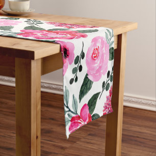 Caminho De Mesa Pequeno Padrão Bonito de Aquarela Floral Rosa-Rosa Vermel