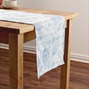 Caminho De Mesa Pequeno Padrão Branco Floral Paisley Azul Clássico