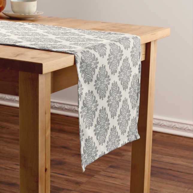 Caminho De Mesa Pequeno Padrão Damask Cinza (No Local)