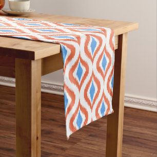 Caminho De Mesa Pequeno Padrão de Arte Ogee Ikat Branco Azul Laranja Azul 