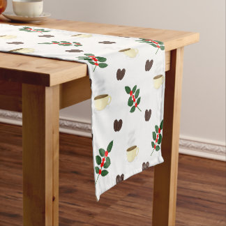 Caminho De Mesa Pequeno Padrão de Café com Grãos, Xícaras e Cafeeiros