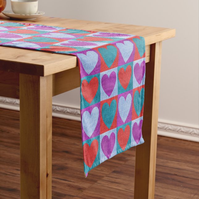 Caminho De Mesa Pequeno Padrão de Coração Xadrez Roxo Verde e Vermelho (No Local)