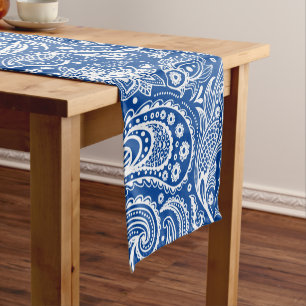 Caminho De Mesa Pequeno Padrão De Folha Floral Azul E Branco