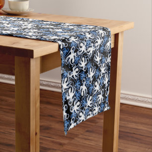 Caminho De Mesa Pequeno Padrão de polvo preto, branco e azul sem soldadur