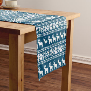 Caminho De Mesa Pequeno Padrão de Reindeer de Floco de Neve Feriado Azul