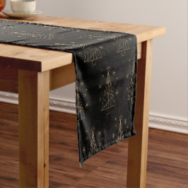 Caminho De Mesa Pequeno Padrão Elegante de Árvore de Natal Preta e Dourada