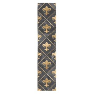 Caminho De Mesa Pequeno Padrão Fleur-de-lis Marble Preto e Dourado