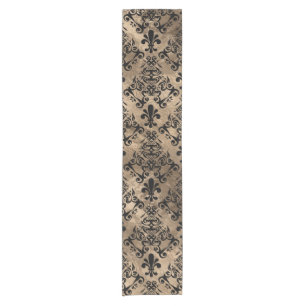 Caminho De Mesa Pequeno Padrão Fleur-de-lis preto em ouro
