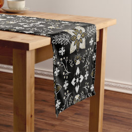 Caminho De Mesa Pequeno Padrão floral preto e branco ornamentado