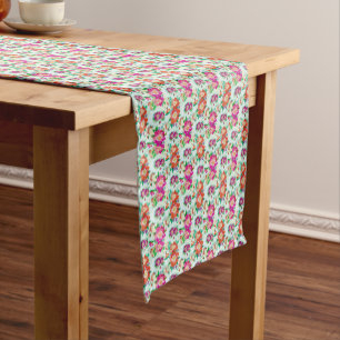 Caminho De Mesa Pequeno Padrão Floral Vintage Rosa e Vermelho