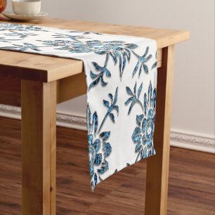 Caminho De Mesa Pequeno Passeio de Mesa de Cristal Floral Azul e Branco El