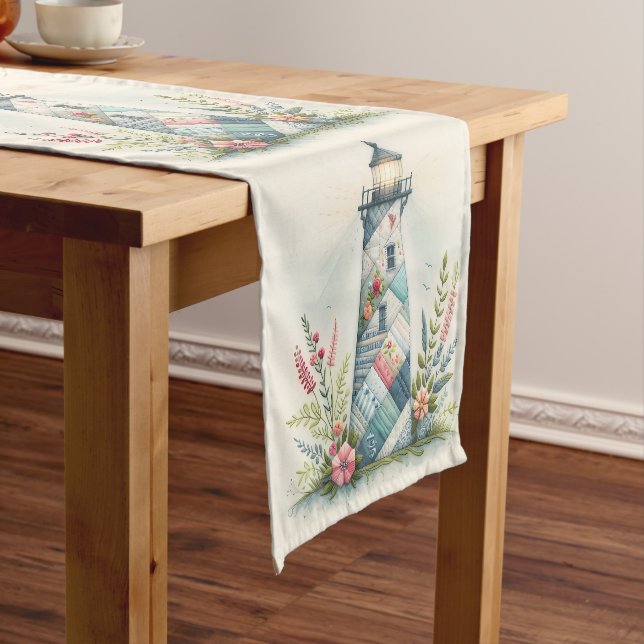 Caminho De Mesa Pequeno Patchwork Lighthouse Coastal Floral Scene (No Local)