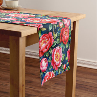 Caminho De Mesa Pequeno Peônias Rosa Vermelho & Folhas Verdes Padrão Azul