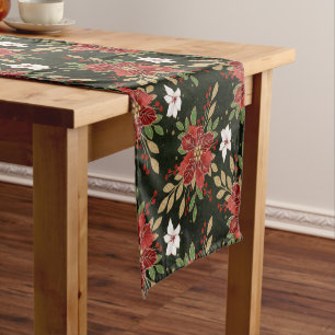 Caminho De Mesa Pequeno Poinsettia de Inverno Elegante em Fundo Escuro