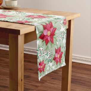 Caminho De Mesa Pequeno Poinsettia de Natal Aquarela Pintada à Mão