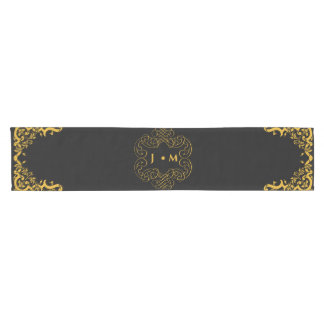 Caminho De Mesa Pequeno Preto e Dourado com elementos decorativos