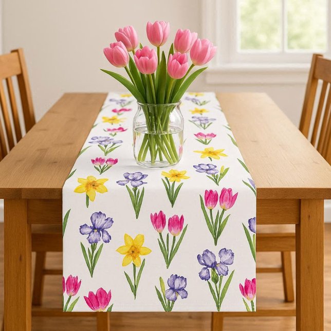 Caminho De Mesa Pequeno Primavera Floral Tulips Daffodils Irises (Mockup of spring floral table runner.  Not actual size of runner, shown wider that actual )