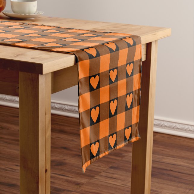 Caminho De Mesa Pequeno Pumpkin Orange Buffalo Heart Plaid Table Runner (No Local)