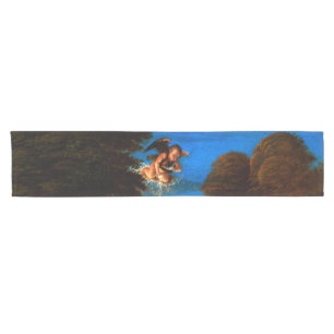 Caminho De Mesa Pequeno Putto no céu azul joga uma cascata de flores branc